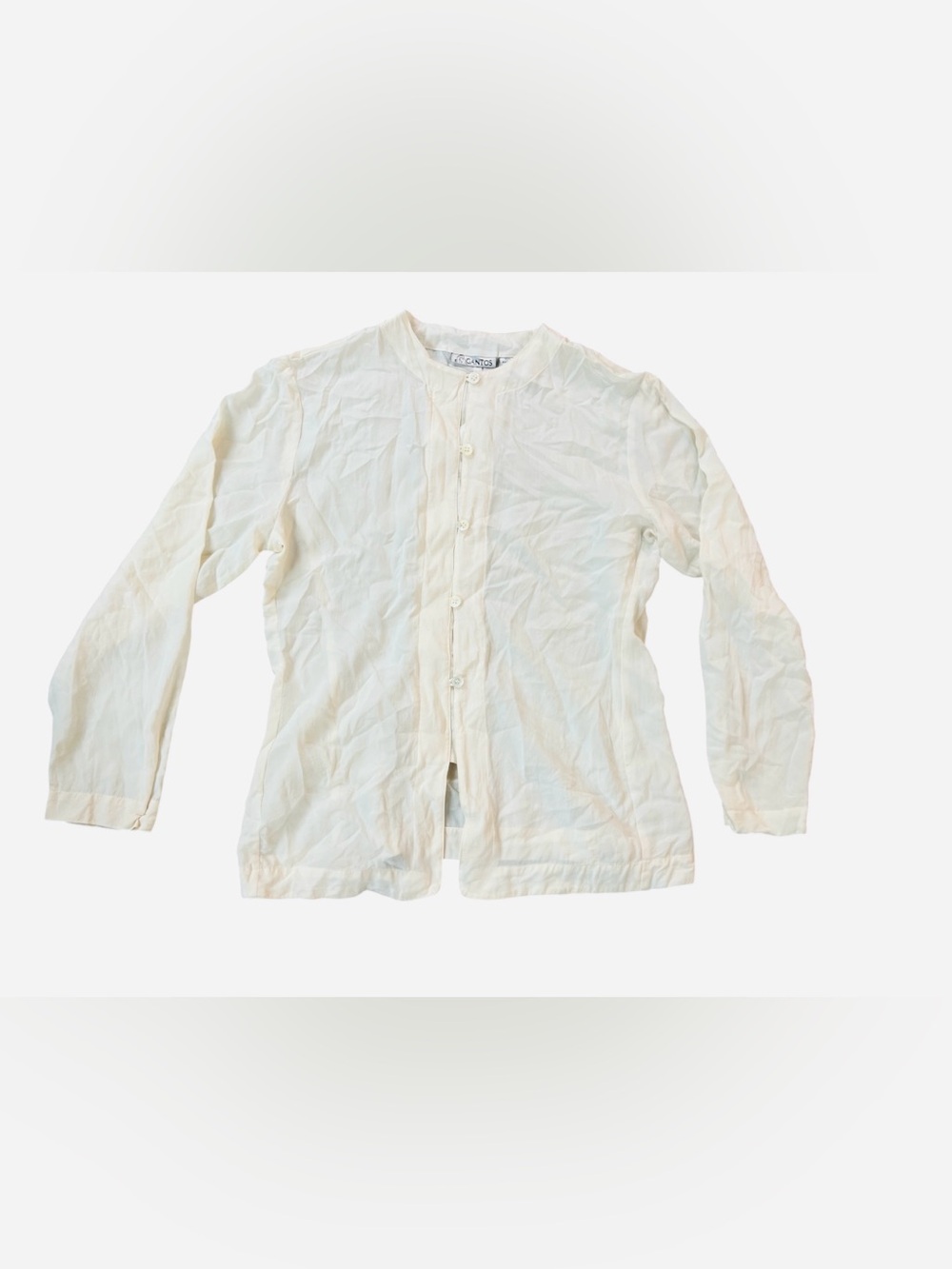 100% Silk Lightweight Cream Button-Front Blouse with Band Collar